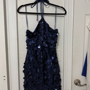 Blue Sequin Halter Dress